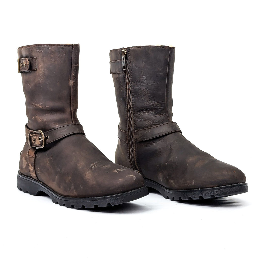 UGG Women Grendel Brown Leather Moto Biker Buckle Zip Boots size