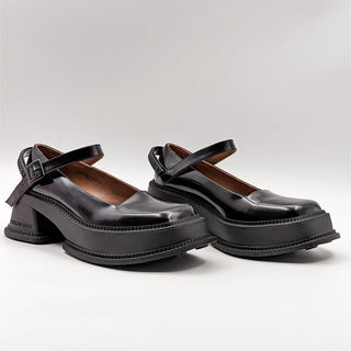 Shushu Tong Women Mary Jane Platform Black Leather Heels size 7US EUR 37
