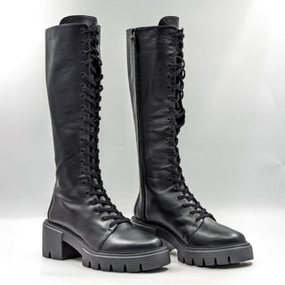 Stuart Weitzman Women Soho Lace-up Black Leather Tall Combat Boots size 9