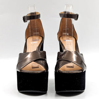Schutz Lucrecia Black Fabric Party Chrome Wedge Platform Heel Sandals 8.5