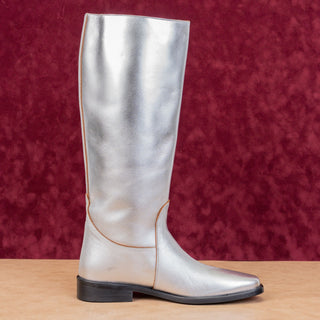 Khaite Women Wooster Metallic Silver Leather Riding Fashion Knee Boots 8US EUR38