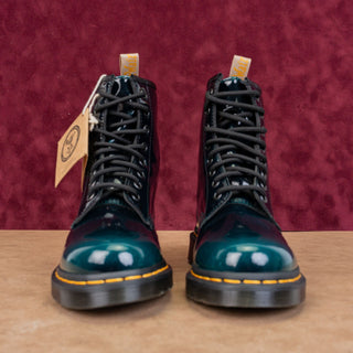 Dr Martens Women Gloss Black Green Vegan Leather Lace-up Combat Boots M5 W6