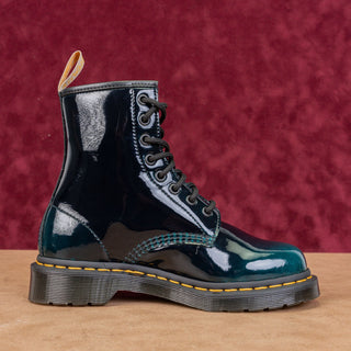 Dr Martens Women Gloss Black Green Vegan Leather Lace-up Combat Boots M5 W6