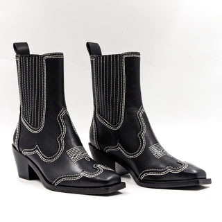 Loeffler Randall Women Agnes Western Stitch Cowboy Black Leather Boots size 6