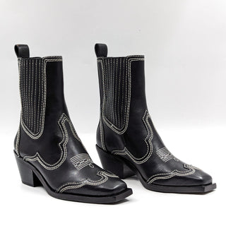 Loeffler Randall Women Agnes Western Stitch Cowboy Black Leather Boots size 7