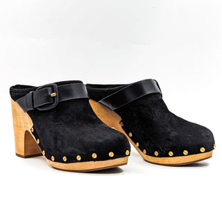 Veronica Beard Women Dacey Black Suede Buckle Gold Studded Clogs shoes size 8.5