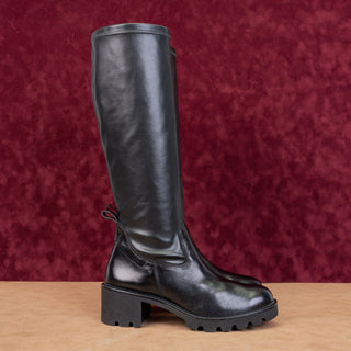 Paul Green Women Mil Black Leather Lug Sole Fashion Tall Boots sz 8.5US AUS 6