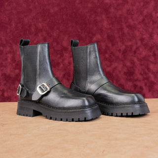 ASOS Design Women Black Leather Buckle Platform Chelsea Moto Boots sz 8US UK6