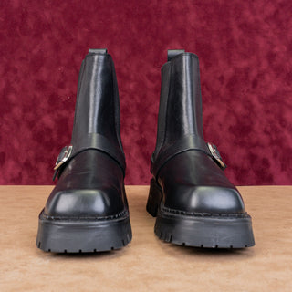 ASOS Design Women Black Leather Buckle Platform Chelsea Moto Boots sz 8US UK6