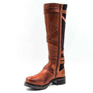 Miz Mooz Wmn Peri Brown Leather Strap Elastic Moto Biker Boots 10-10.5US EUR 41