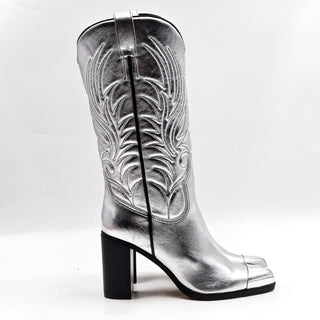 Katy Perry Women Zaina Cowboy Western Silver Metallic Vegan Leather Boots sz 7.5