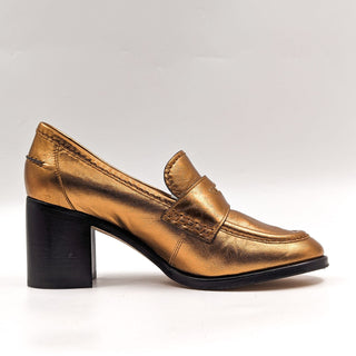 Veronica Beard Women Penny Leather Gold Metallic Heel Loafers size 8