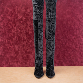 Stuart Weitzman Wmn Slip-on Lace Cord Black Stretch Velvet Fashion OTK Boots 8
