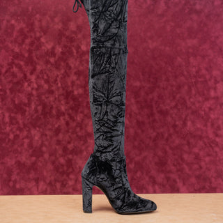 Stuart Weitzman Wmn Slip-on Lace Cord Black Stretch Velvet Fashion OTK Boots 8