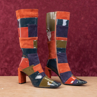 Jeffrey Campbell Wmn Patchwork Patent Leather Retro Vintage Zip Knee Boots sz 10