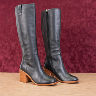 Linea Paolo Women Kinsley Black Leather Stacked Heel Zip Fashion Knee Boots sz 7