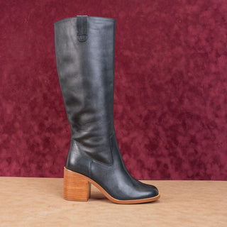 Linea Paolo Women Kinsley Black Leather Stacked Heel Zip Fashion Knee Boots sz 7