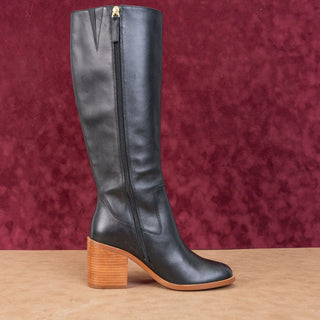 Linea Paolo Women Kinsley Black Leather Stacked Heel Zip Fashion Knee Boots sz 7