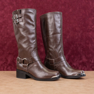 Dolce Vita Wmn Evi Brown Leather Moto Biker Metal Harness Fashion Mid Boots 6.5