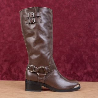Dolce Vita Wmn Evi Brown Leather Moto Biker Metal Harness Fashion Mid Boots 6.5