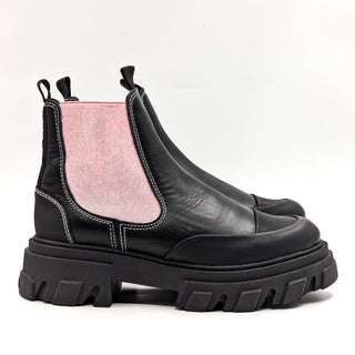 Ganni Women Black Leather Pink Colorblock Low Chelsea Boots size 10US EUR40