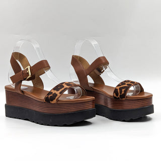 Michael Kors Wmn Marlon Haircalf Leather Brown Platform Buckle Sandals size 9.5