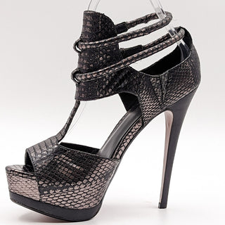 Leon Max Women Bugsy Snake Leather Platform Black Open Toe heels size 6.5