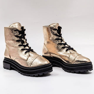 Schutz Maylova Women Platform Gold Metallic Lug Sole Lace-up Combat Boots sz 9.5