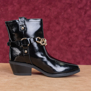 Love Moschino Women Western Harness Patent Leather Block Heel sz7US EUR37