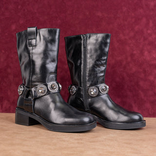 Kurt Geiger Women Black Leather Crystal Moto Cottage Festival Boots 8US EUR38.5