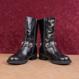 Kurt Geiger Women Black Leather Crystal Moto Cottage Festival Boots 8US EUR38.5