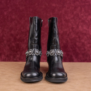 Kurt Geiger Women Black Leather Crystal Moto Cottage Festival Boots 8US EUR38.5