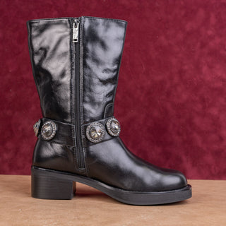 Kurt Geiger Women Black Leather Crystal Moto Cottage Festival Boots 8US EUR38.5