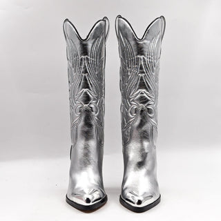 Katy Perry Women Zaina Cowboy Western Silver Metallic Vegan Leather Boots sz 7.5