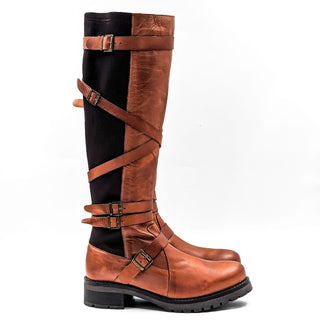 Miz Mooz Wmn Peri Brown Leather Strap Elastic Moto Biker Boots 10-10.5US EUR 41