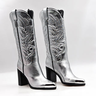 Katy Perry Women Zaina Cowboy Western Silver Metallic Vegan Leather Boots sz 7.5