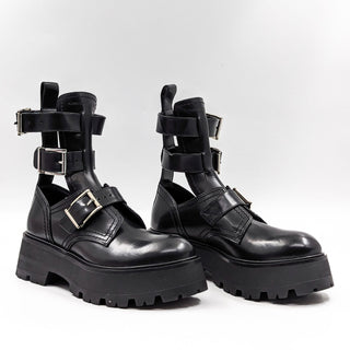 Alexander McQueen Wmn Rave Black Leather Buckle Festival Platform Boots 7US 37EUR