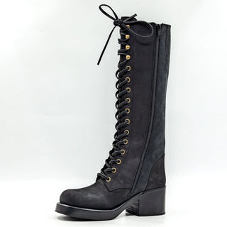 Jeffrey Campbell Wmn Tyr Black Leather Vintage Retro Square Toe Lace Boots 6