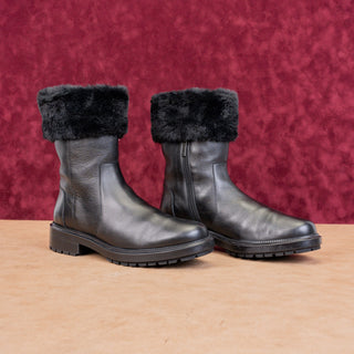 Aquatalia Women Lacie Black Leather Faux Fur Cuff Weatherproof Winter Boots sz 9
