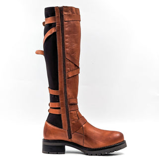 Miz Mooz Wmn Peri Brown Leather Strap Elastic Moto Biker Boots 10-10.5US EUR 41