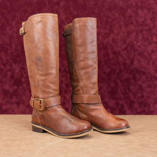 Lucky Brand Women Brown Leather Vintage Retro Buckle Moto Knee Boots sz 7