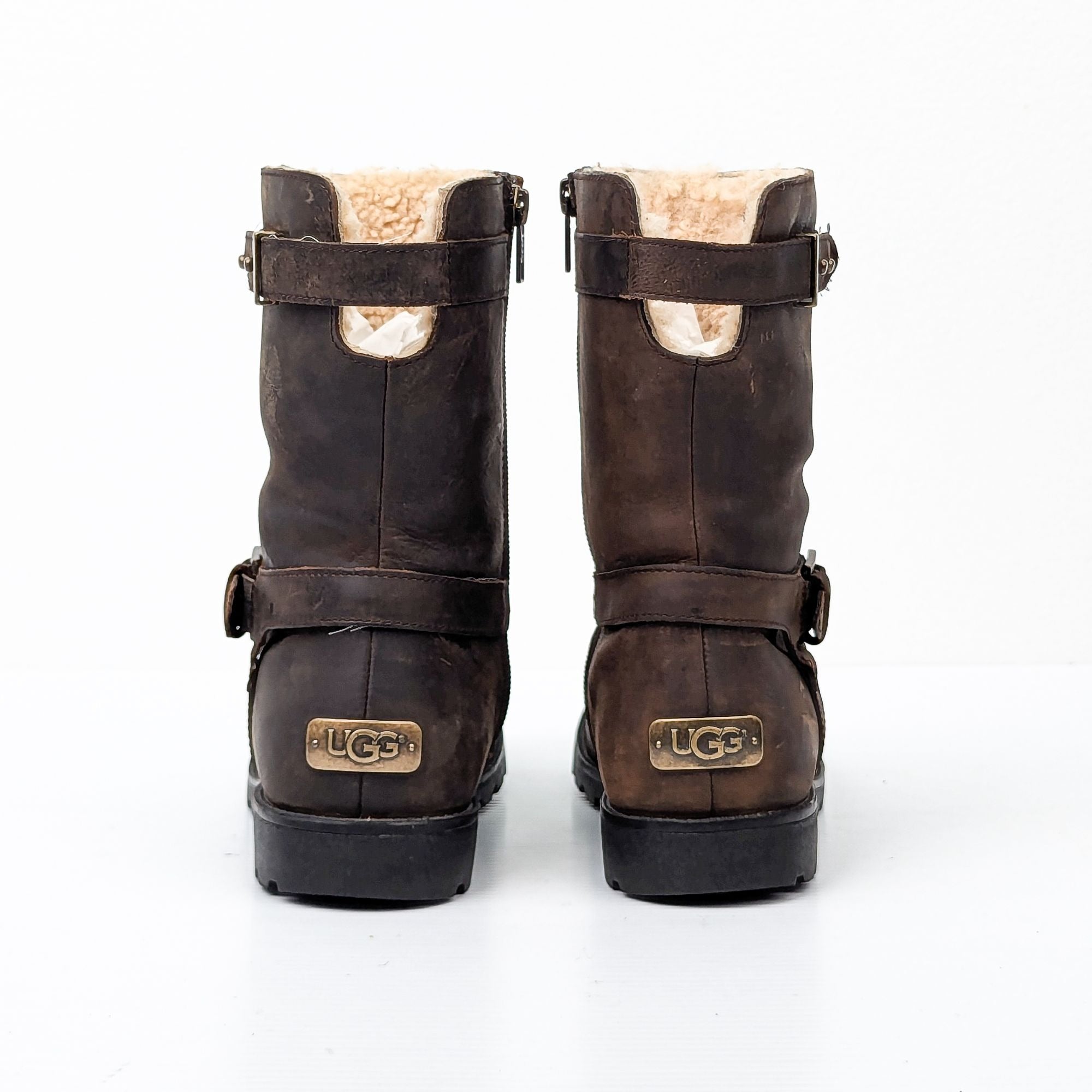 UGG Women Grendel Brown Leather Moto Biker Buckle Zip Boots size