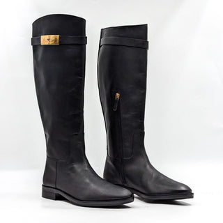 Tory Burch Women T Hardware Equestrian Riding Tall Black Leather Boots size 7