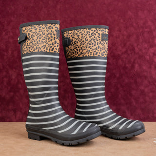 Joules Women Strip Lines Black Festival Wellies Rain Rubber Boots 11US EUR43