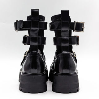 Alexander McQueen Wmn Rave Black Leather Buckle Festival Platform Boots 7US 37EUR