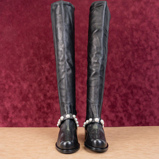 Stuart Weitzman Women Portia Pearl Studded Black Leather Nappa OTK Boots sz 7.5