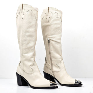 Dolce Vita Wmn Kamryn Off White Wide Leather Western Cowboy Metal Tip Boots 10