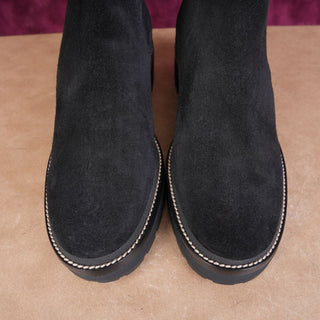 Tory Burch Women Black Suede TT Logo Lug fashion Chelsea Boots sz 8.5