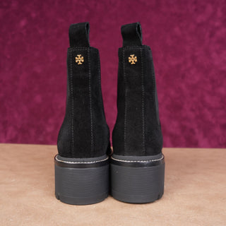 Tory Burch Women Black Suede TT Logo Lug fashion Chelsea Boots sz 8.5