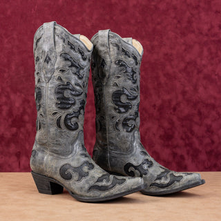 Corral Vintage Women Sequin Inlay Western Grey Leather Cowboy Boots sz 7.5